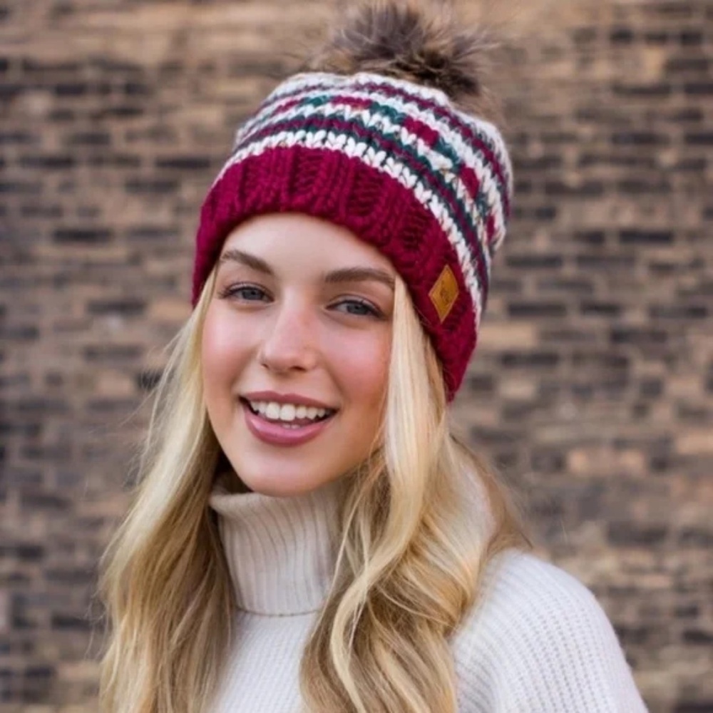 Multi Colored Holiday Beige Red Green Knit Faux Fur Pompom Beanie Winter Hat - Picture 5 of 5